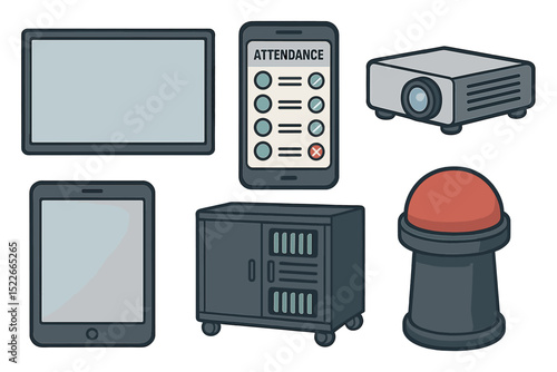Flat icons of digital classroom tools including attendance app and projector