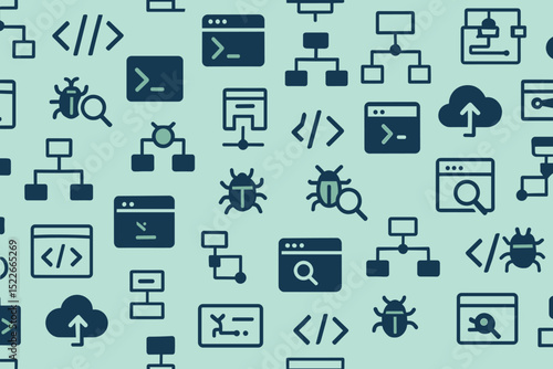 Dark tech icons pattern with coding, bugs, and cloud upload symbols