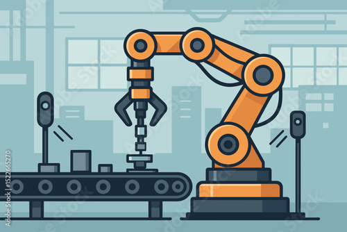 Robotic arm assembling parts on conveyor in automated facility