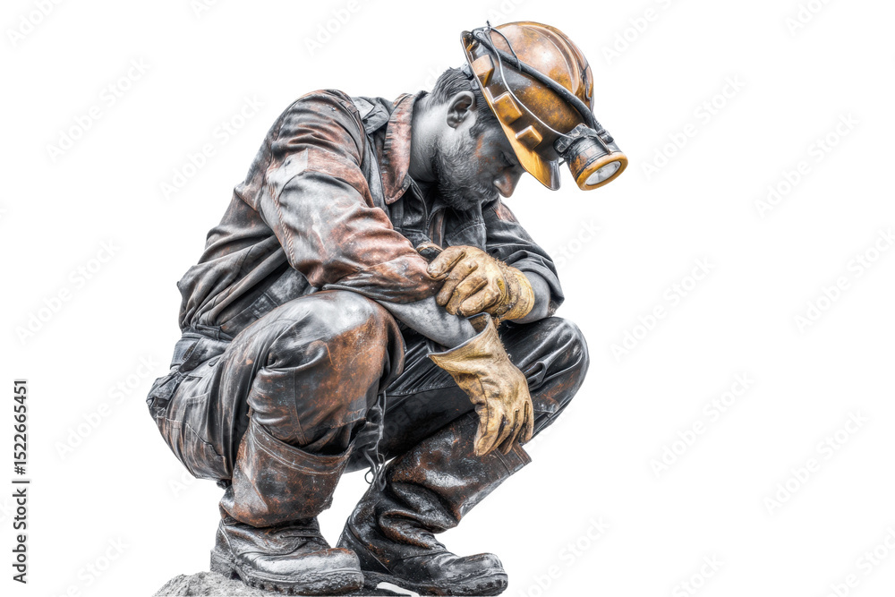 Male miner in protective gear squatting on rock with headlamp, cut out Male miner in protective gear squatting on rock with headlamp, cut out