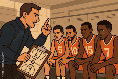 Coach gives motivational speech to players in locker room before basketball game at school