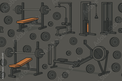 Equipment and weights for strength training in a fitness gym designed for various workout routines