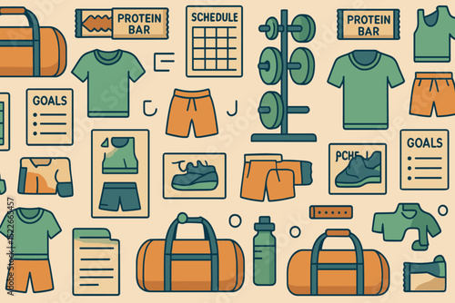 Workout gear and fitness essentials layout featuring apparel, equipment, and nutritional items for healthy living