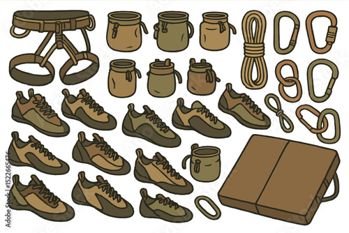 Climbing gear collection showcases essential equipment for outdoor adventures including shoes, harnesses, and ropes
