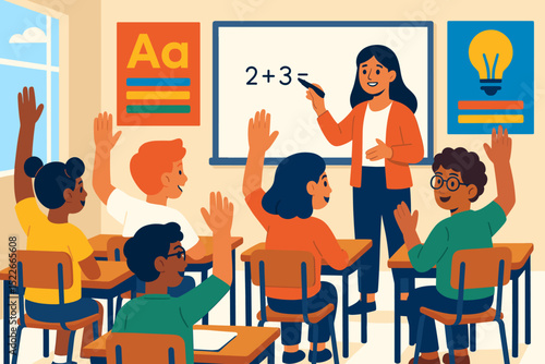 Teacher and students solving math in cheerful classroom scene
