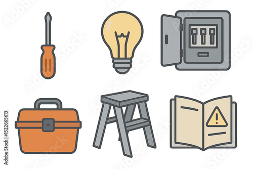 Flat icon set of electrical tools and safety equipment