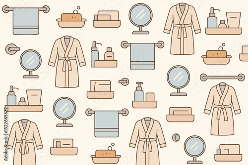 Seamless pattern with bathrobes, towels, soap, and mirrors