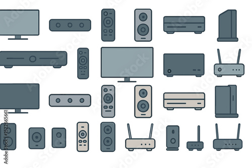Set of icons featuring electronics like TVs, speakers, and routers.