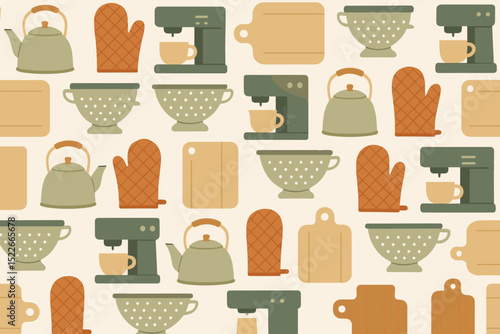 Discover charming kitchen patterns featuring teapots, mugs, and various kitchen utensils in warm tones and simple designs