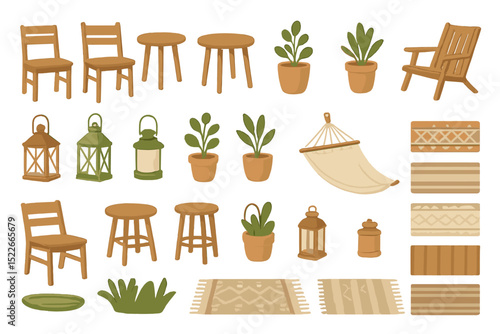 Seamless pattern of cozy outdoor furniture, plants, and lanterns