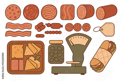 A colorful assortment of cured meats, cheeses, and snacks displayed on a wooden surface in a kitchen setting