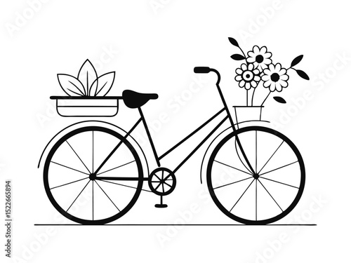 Black and white bicycle with flowers and plant illustration vector