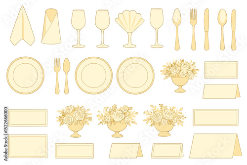 Elegant table setting icons with plates, utensils, glasses, and décor