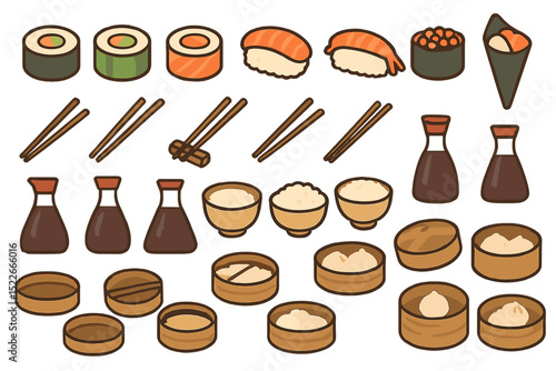 Hand-drawn Japanese food icons with sushi, rice, and dim sum