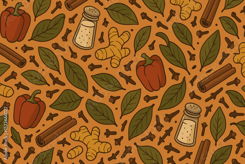 Seamless spice pattern with herbs, peppers, ginger, and cinnamon