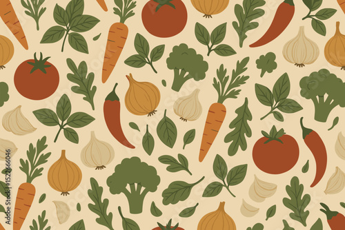 Colorful vegetable pattern featuring tomatoes, carrots, garlic, and herbs on a light background, perfect for kitchen decor or gardening inspiration