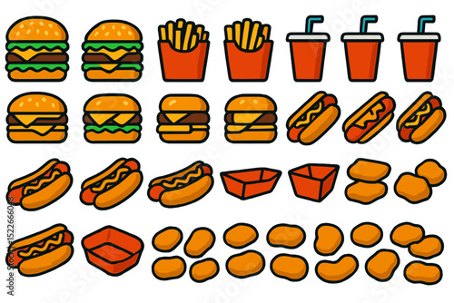 Colorful seamless fast food pattern with burgers, fries, and sodas