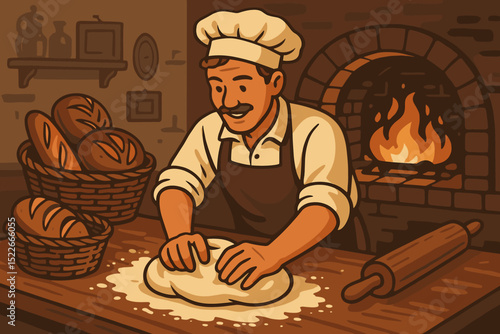 Happy baker kneading dough in rustic kitchen with fire oven
