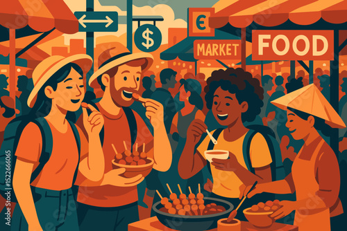 Travelers enjoying street food at a bustling market with local vendors, currency exchange signs, and vibrant stalls offering delicious food and drinks.