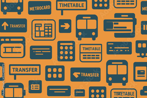 A collection of icons related to transportation, including bus, metro, timetables, transfer signs, and metro cards.