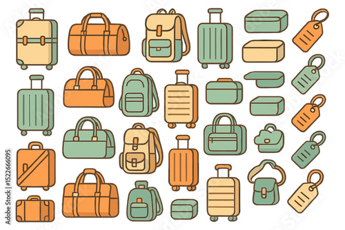 Set of colorful travel luggage and bag icons in flat style