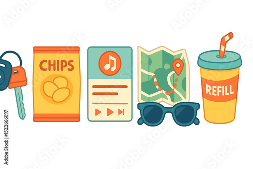 Essential items for a fun day at the beach including snacks, music, sunglasses, and a map for navigation