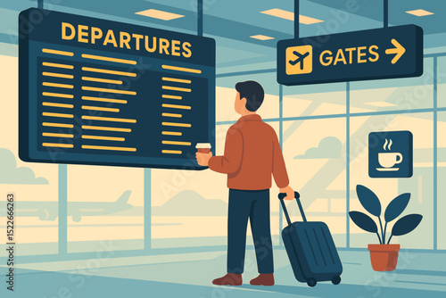 Traveler reading departure board at airport with suitcase and coffee