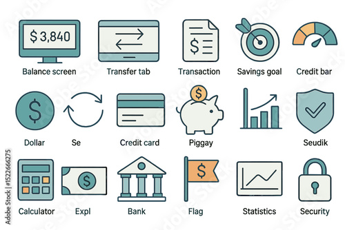 Colorful finance and banking icons with data and savings visuals