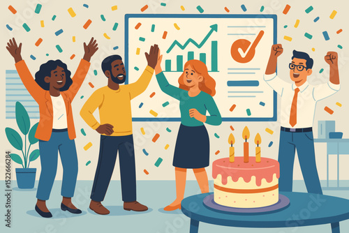 Business team celebrates milestone with cake and confetti