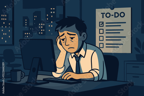 Frustrated man working late with unfinished to-do list