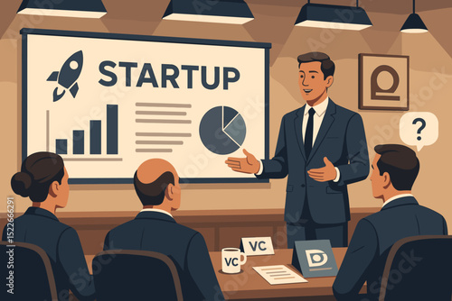 Man pitching startup growth strategy to investors in meeting room