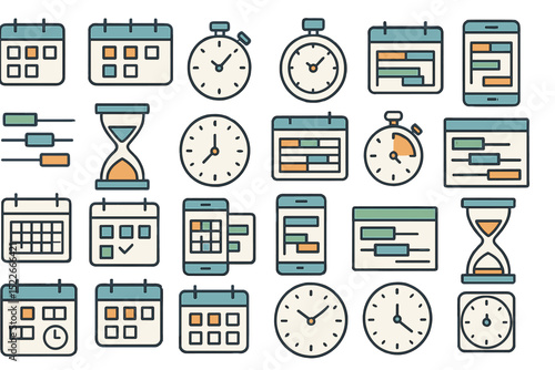 Colorful time management icon set with clocks, calendars, and charts