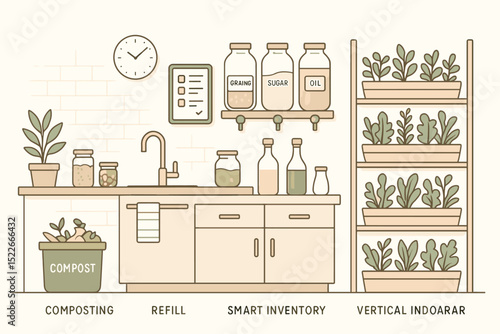 Eco-friendly kitchen with composting, refill jars, and vertical garden