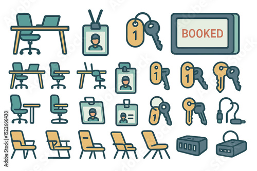 Coworking space icon set with desks, keys, and booking tags