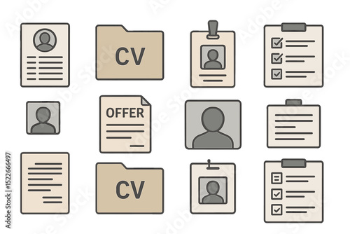 CV, job application, and ID icon set on metallic gradient background