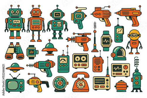 Collection of colorful retro robots and futuristic gadgets displayed on a white background