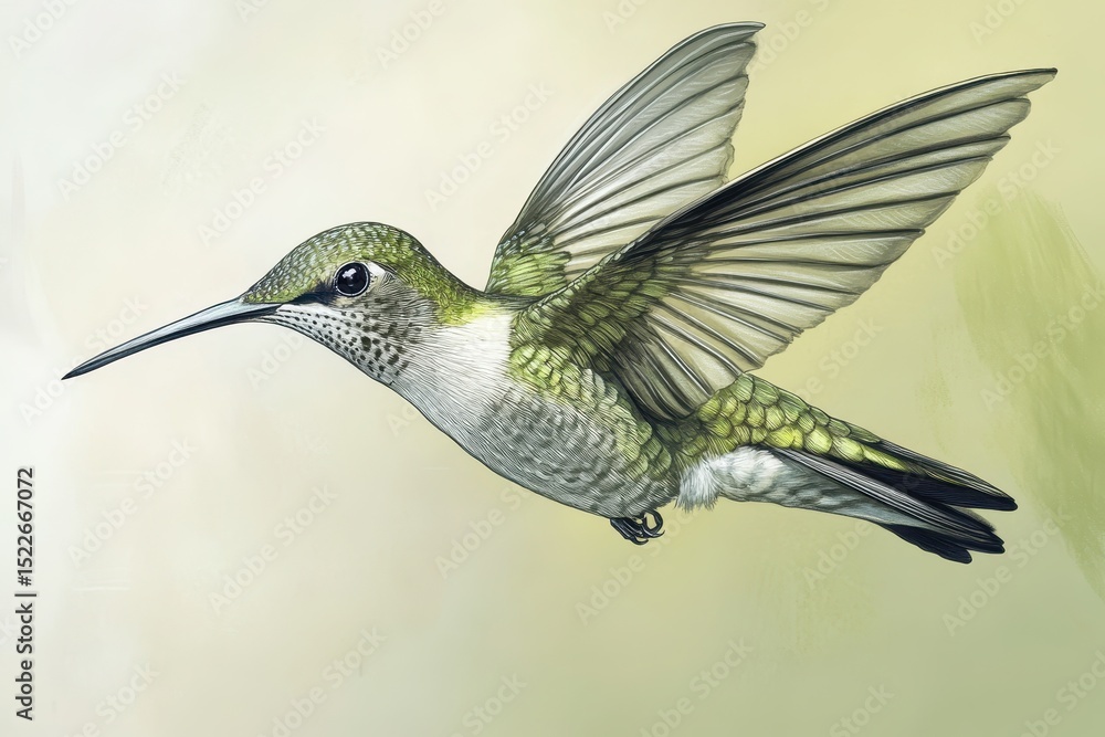Fototapeta premium Hummingbird Close-Up. Hyperrealistic Illustration of a Small Bird in Nature