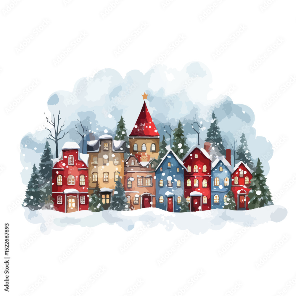 Festive Merry Christmas Design with Colorful Snowy Houses for Greeting Cards and Holiday Decorations Festive Merry Christmas Design with Colorful Snowy Houses for Greeting Cards and Holiday Decorations
