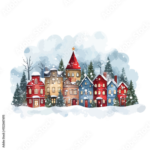 Festive Merry Christmas Design with Colorful Snowy Houses for Greeting Cards and Holiday Decorations