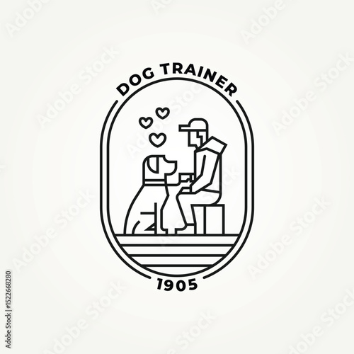 minimalist someone training a dog line art badge icon logo vector illustration design. simple modern dog trainer, dog sitter, dog lover emblem logo concept