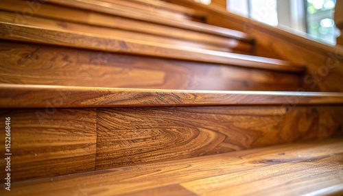 Close-up of shiny, varnished wooden stairs with visible wood grain details and soft, natural lighting
