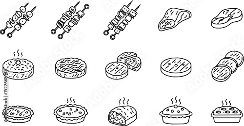 Meat product line icon set. Vector pictograms of kebab, shashlik, ground beef, tartare, carpaccio, patty, pie, casserole, thin linear illustration.
