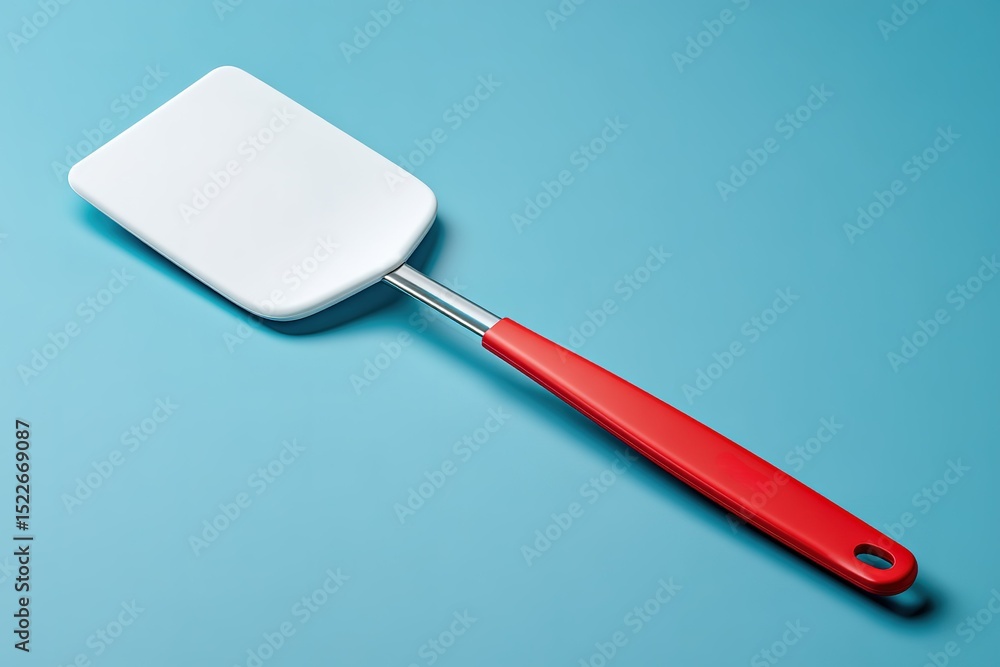 Kitchen spatula with a red handle resting on a blue background, ideal for cooking and baking tasks in any home Kitchen spatula with a red handle resting on a blue background, ideal for cooking and baking tasks in any home