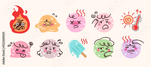Summer heat icon set. Sweating people, melting ice cream, high temperature thermometer.