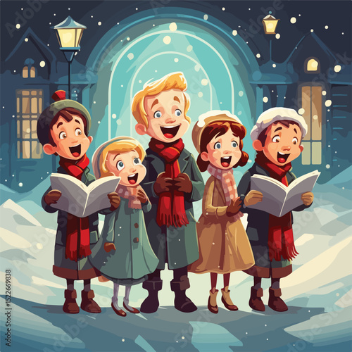 Cheerful Christmas Carol Cartoon Singing Design for Festive Greetings and Holiday Decorations