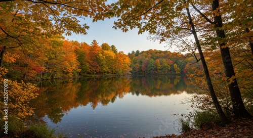Autumnal Serenity: Lake Reflecting Colorful Fall Foliage