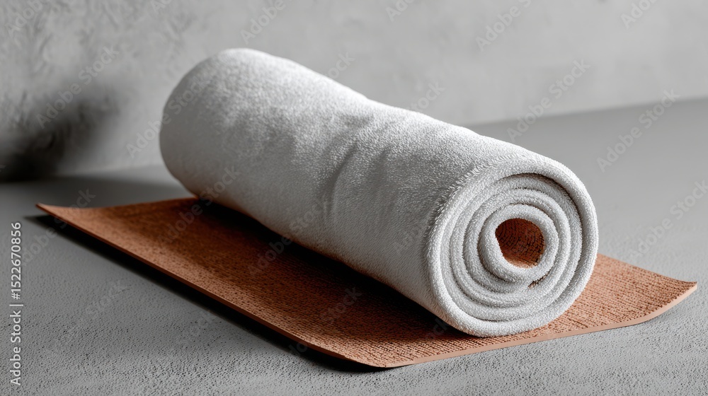 Ultra quality image of yoga mat mockup. A rolled white towel rests on a textured surface against a soft gray background. Ultra quality image of yoga mat mockup. A rolled white towel rests on a textured surface against a soft gray background.