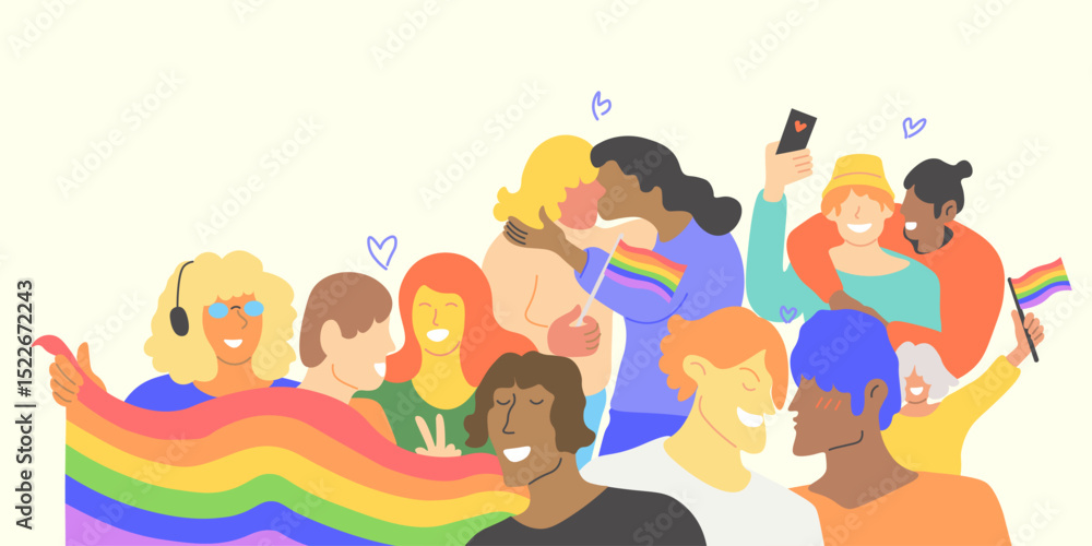 Naklejka premium young people on meeting with rainbows flags in doodle style in vector. Illustration for poster, postcard, invitation, banner, background