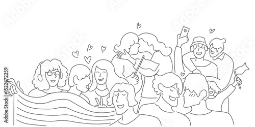 young people on meeting with rainbows flags in doodle style in vector. Illustration for poster, postcard, invitation, banner, background