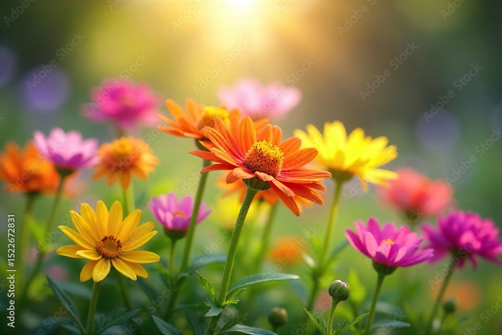 Fototapeta premium A vibrant cluster of wildflowers bursting with color, swaying gently in a summer breeze Nature's beauty captured in a delightful bunch, perfect for spring or summer themes , vibrant, flowers